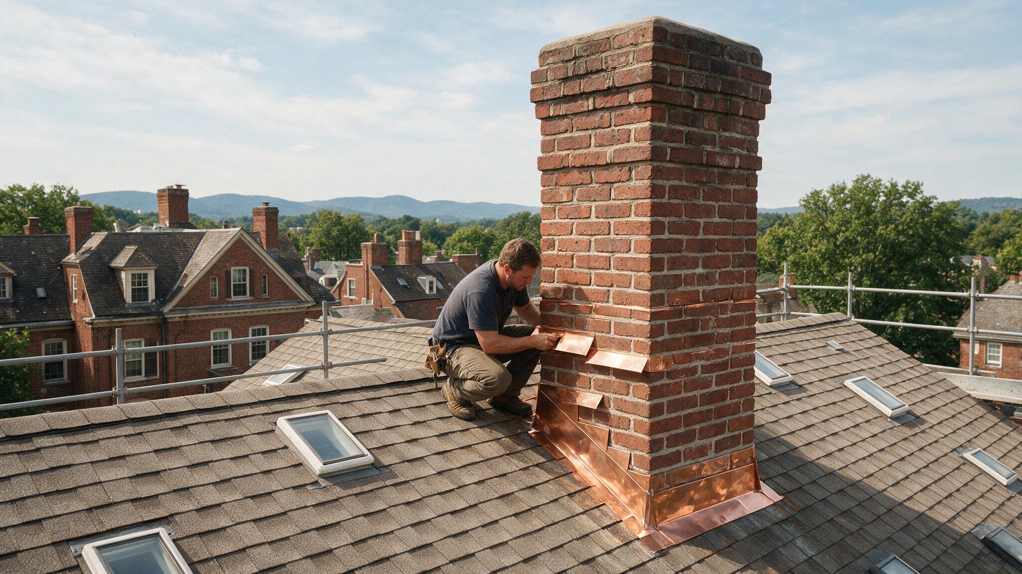 A roofer installing new copper counter-flashing on a brick chimney.
