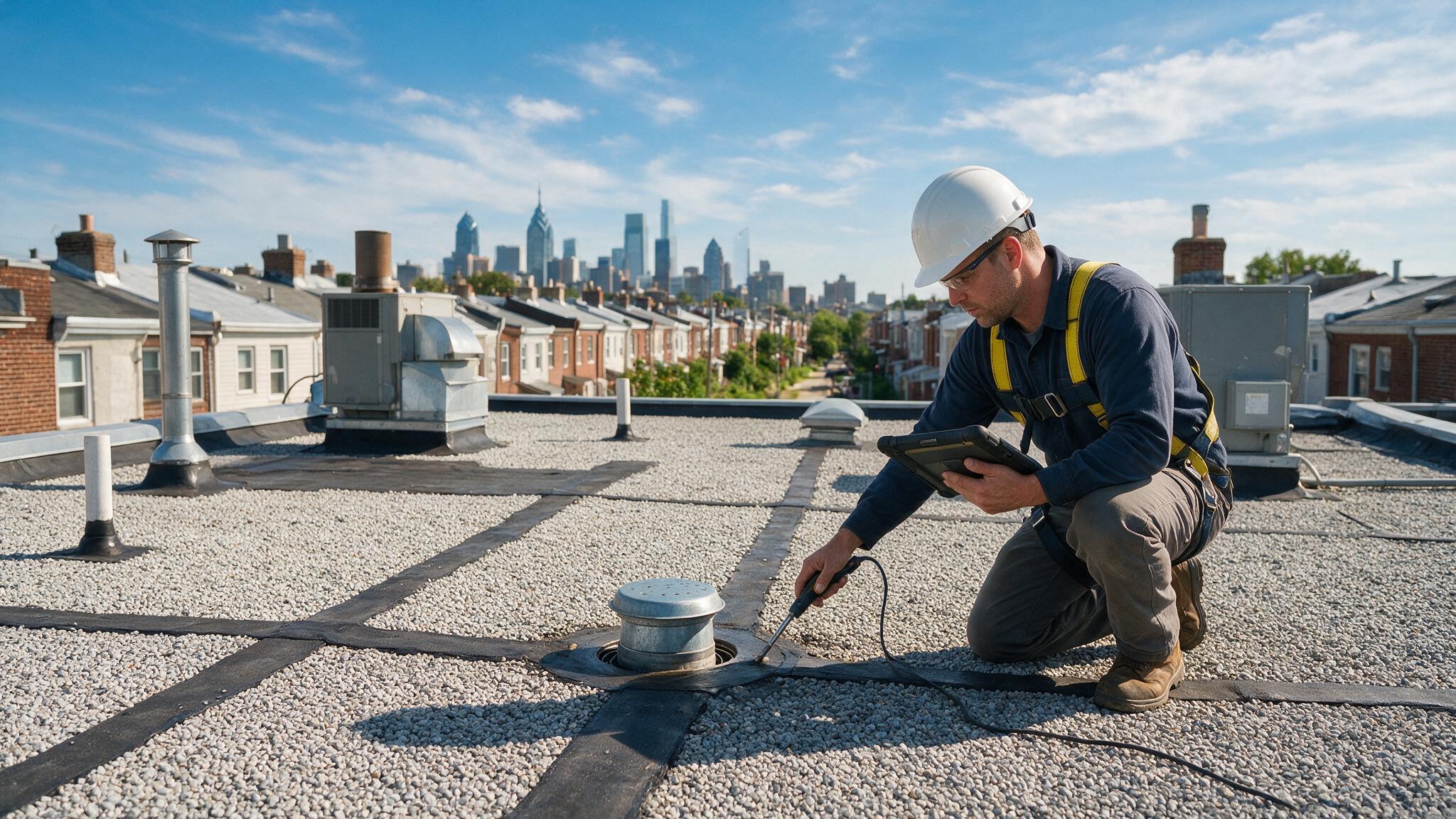 Roofing inspector measuring membrane thickness and taking notes on a clipboard on an urban roof.