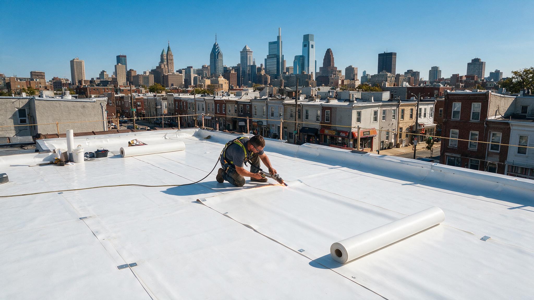 Roofing crew installing white reflective flat-roof membrane on a Center City rowhome.