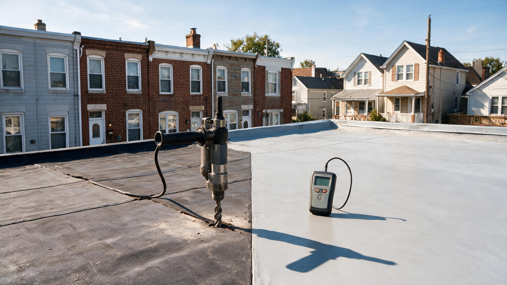 Roof Core Sampling & Moisture Surveys Before a Philadelphia Flat Roof Replacement for a realistic Philadelphia property