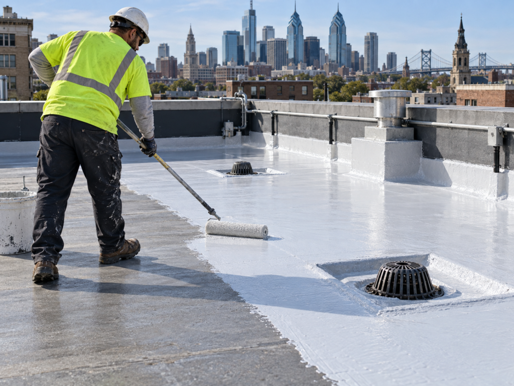Inspection of a Philadelphia flat roof to evaluate repair versus replacement options.
