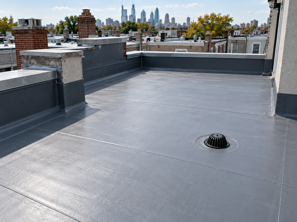 A newly installed, bright white TPO single-ply roofing membrane on a Philadelphia rowhome, showing cleanly heat-welded seams and a new metal parapet coping.

