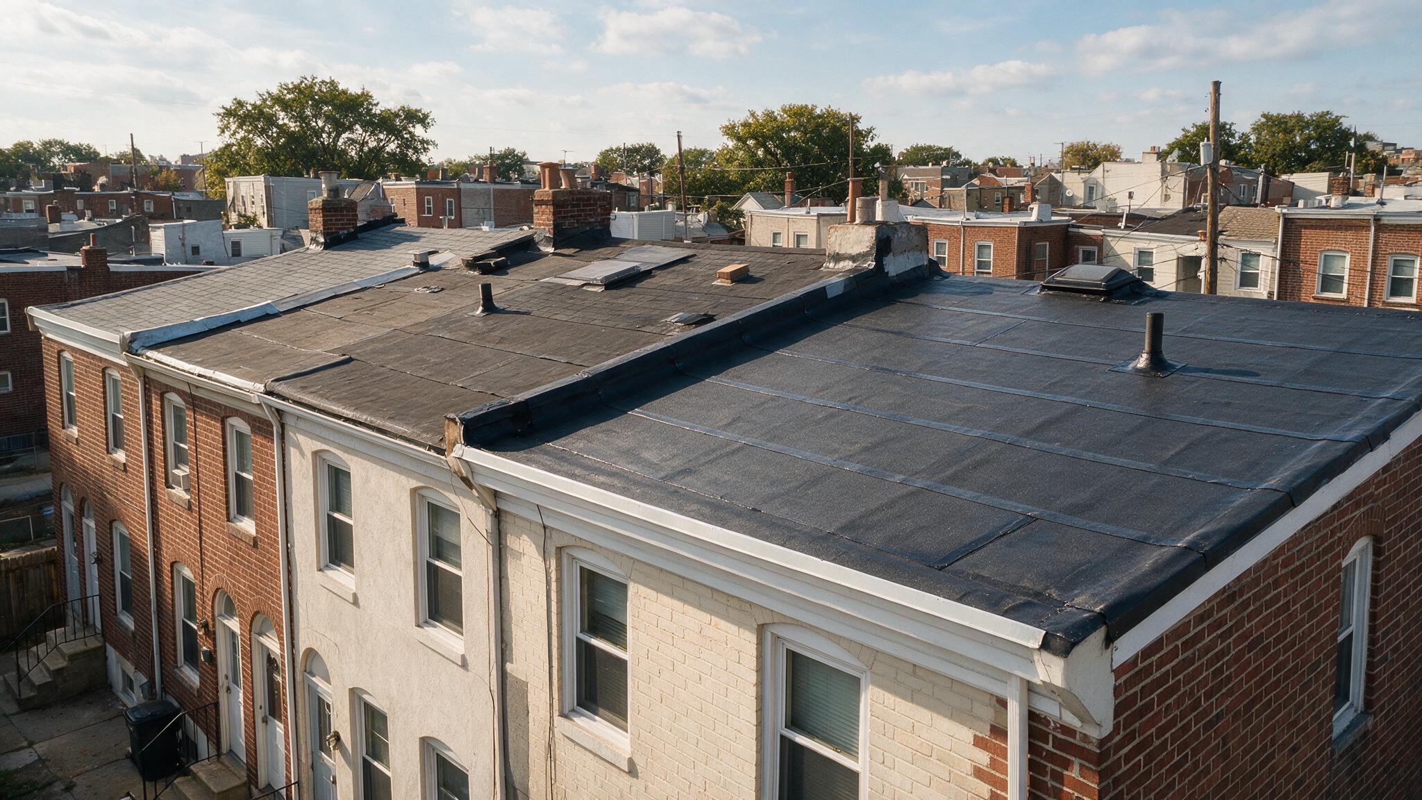 Cold-Applied vs. Torch-Applied Modified Bitumen on Attached Philadelphia Rowhomes shown in a realistic Philadelphia, PA residential construction setting.