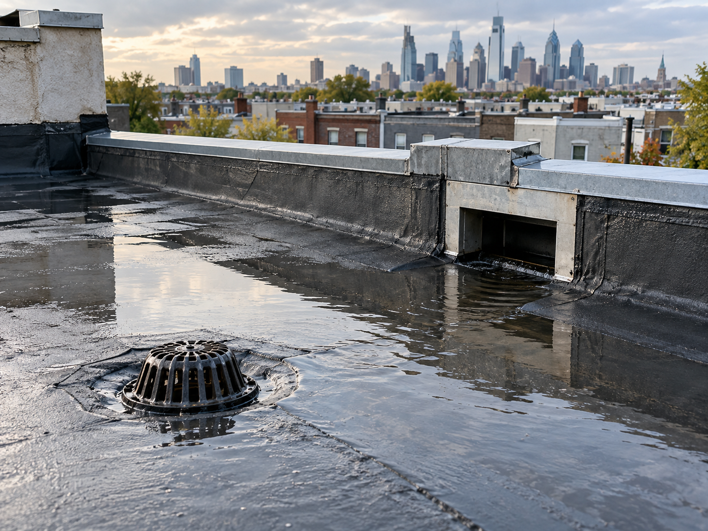 Professional roof drain scupper ponding Philadelphia detail for Philadelphia Roofing Experts in South Philadelphia