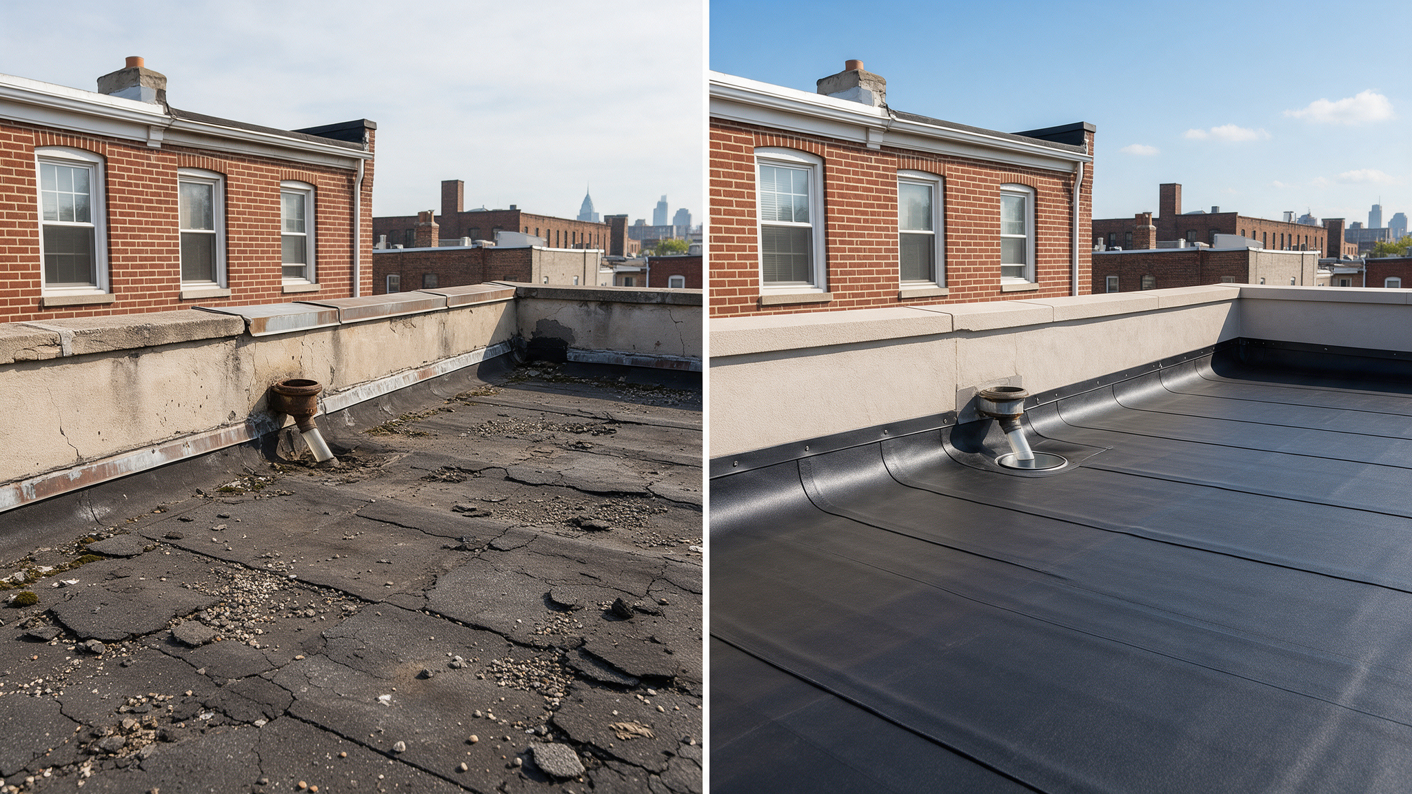 A newly installed, bright white TPO single-ply roofing membrane on a Philadelphia rowhome, showing cleanly heat-welded seams and a new metal parapet coping.