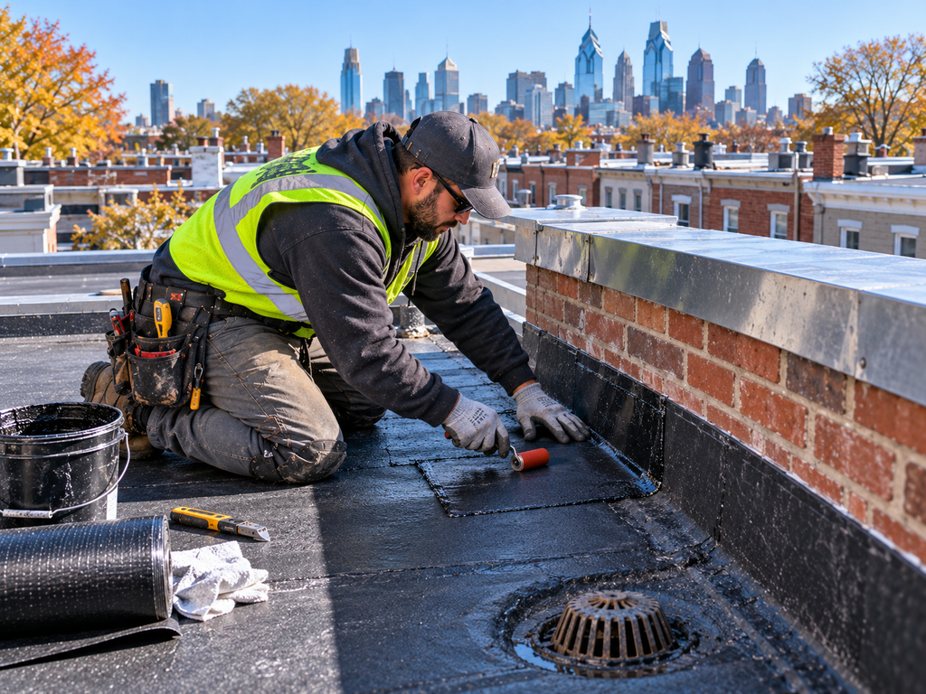 Cold weather flat roof repair on a Philadelphia rowhome
