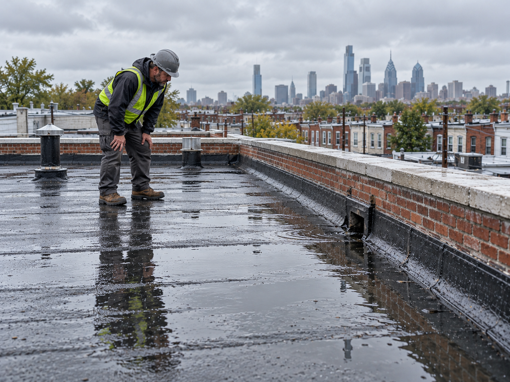 Flat roof ponding water on a Philadelphia rowhome near roof drainage