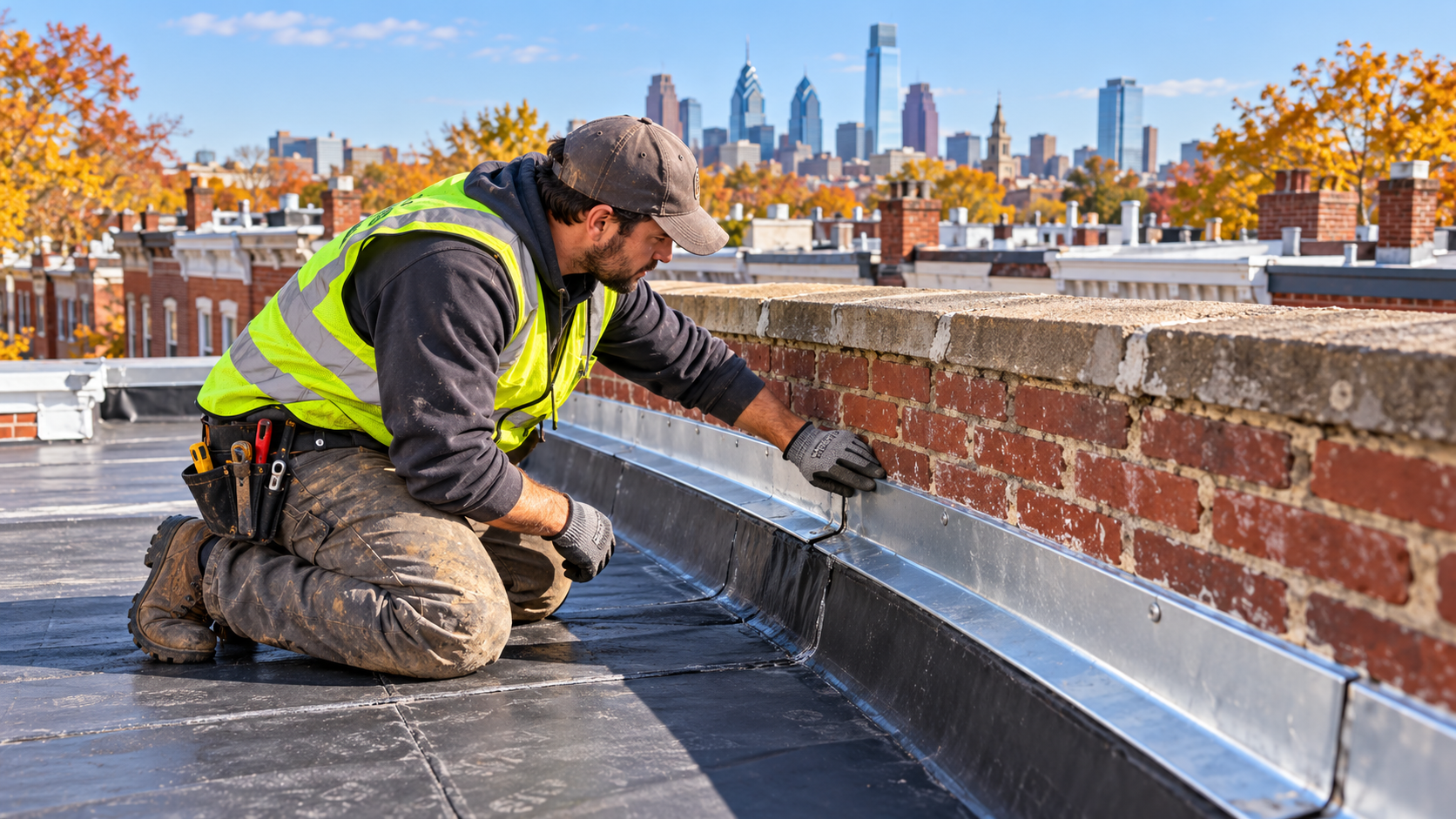 Cold weather flat roof repair on a Philadelphia rowhome
