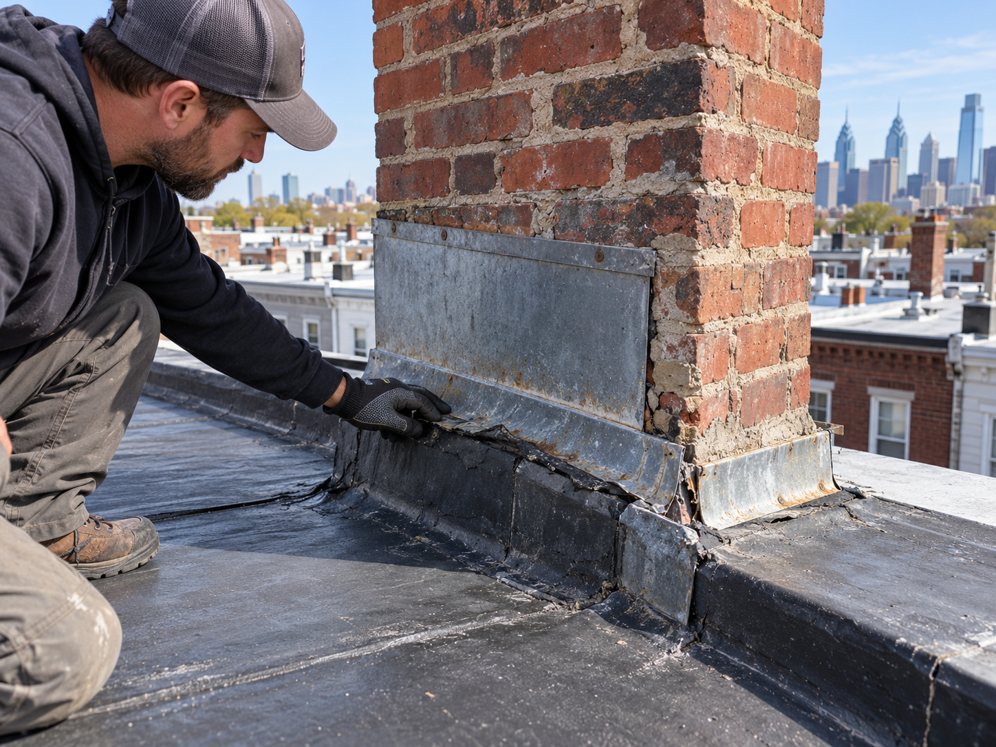 Chimney flashing repair on a Philadelphia rowhome roof