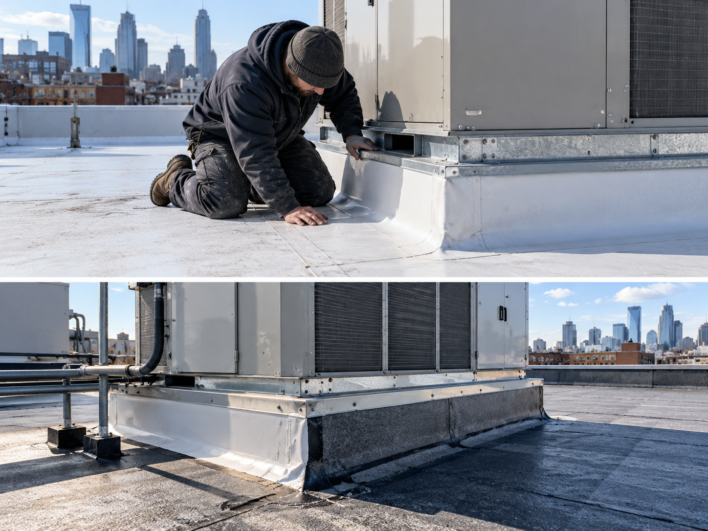 HVAC curb flashing inspection on a commercial flat roof in Philadelphia
