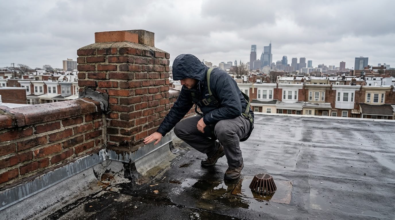 A professional building inspector wearing a white hard hat and a gray work jacket crouches outside a Philadelphia home to assess a gap or separation in the fiber-cement siding. He uses a small measuring tool to closely examine the space between a weathered, textured siding board and a vertical corner trim piece, just above the metal flashing at the base. In the background, the stone facade and windows of a traditional house are visible, all bathed in soft, natural light.