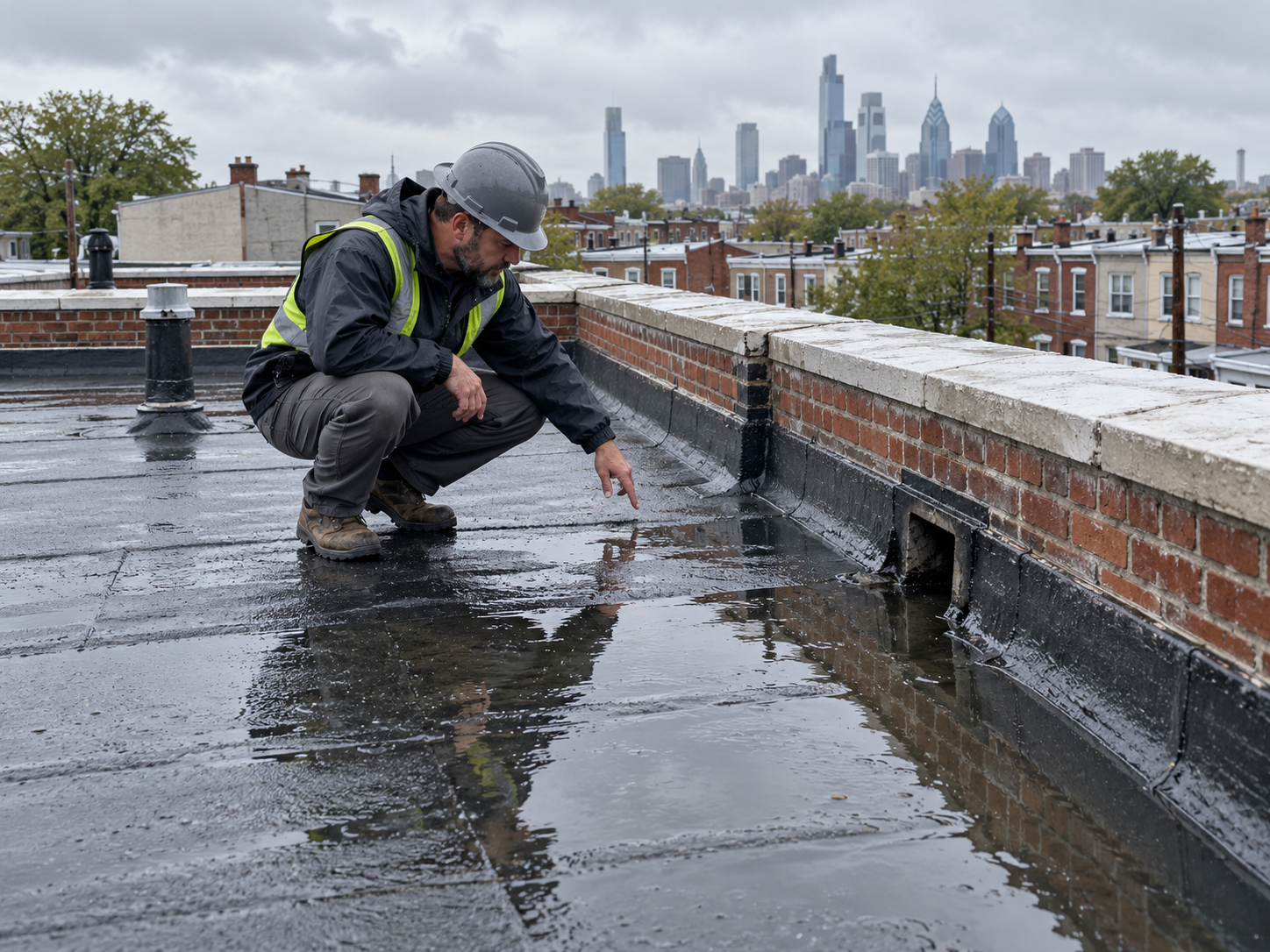 Flat roof ponding water on a Philadelphia rowhome near roof drainage Image prompt: Photorealistic Philadelphia rowhome flat roof after rainfall with re